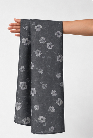 Charcoal Mini Floral Print chiffon held in hand for scale