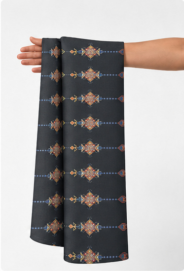 Charcoal Gold Ornamental Stripes chiffon held in hand for scale