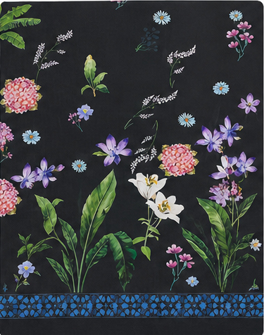 Black Multicolor Garden Florals chiffon, print close up