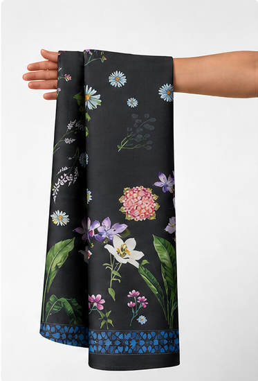 Black Multicolor Garden Florals chiffon held in hand for scale