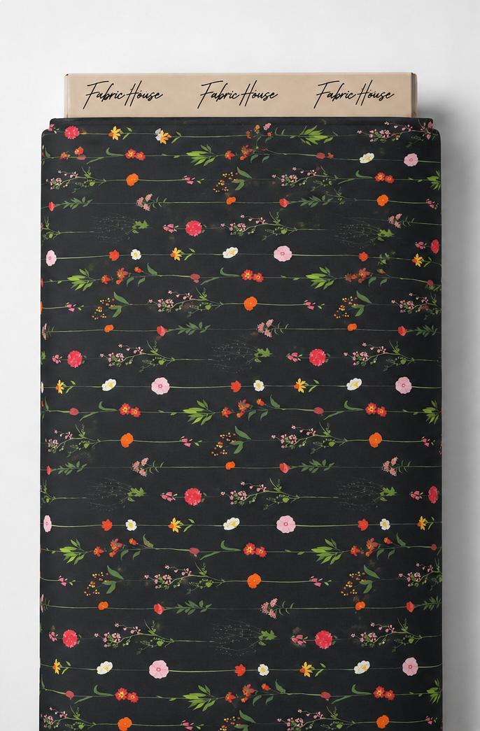 Black Dainty Wildflower Sprigs chiffon full roll