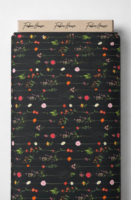 Black Dainty Wildflower Sprigs chiffon full roll