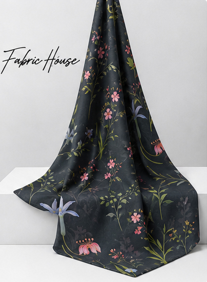 Black Delicate Meadow Florals chiffon draped to show fall
