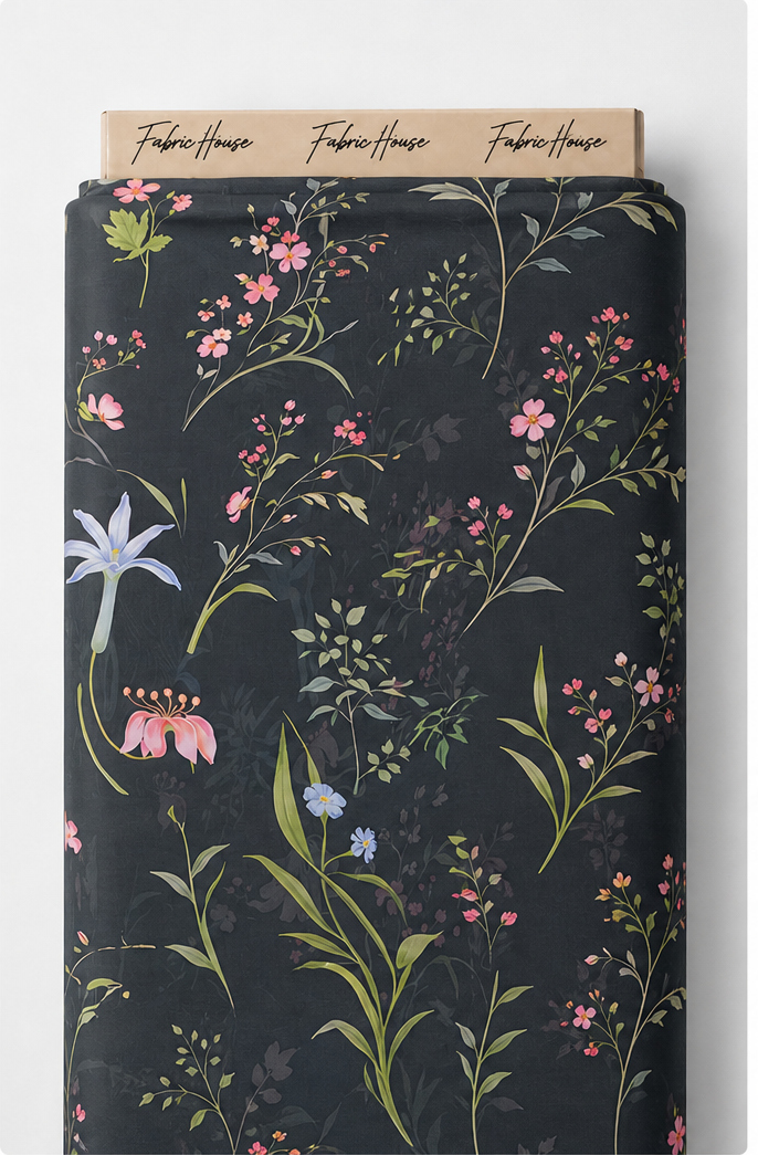 Black Delicate Meadow Florals chiffon full roll