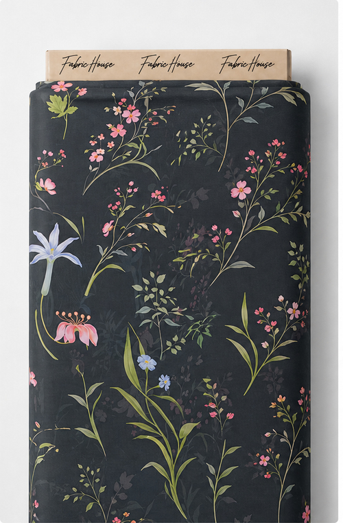 Black Delicate Meadow Florals chiffon full roll