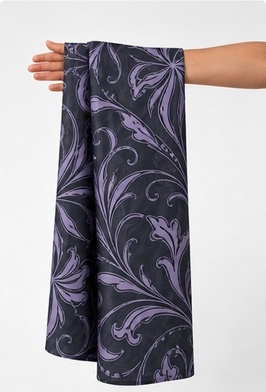 Dark Lilac Paisley Floral chiffon held in hand for scale