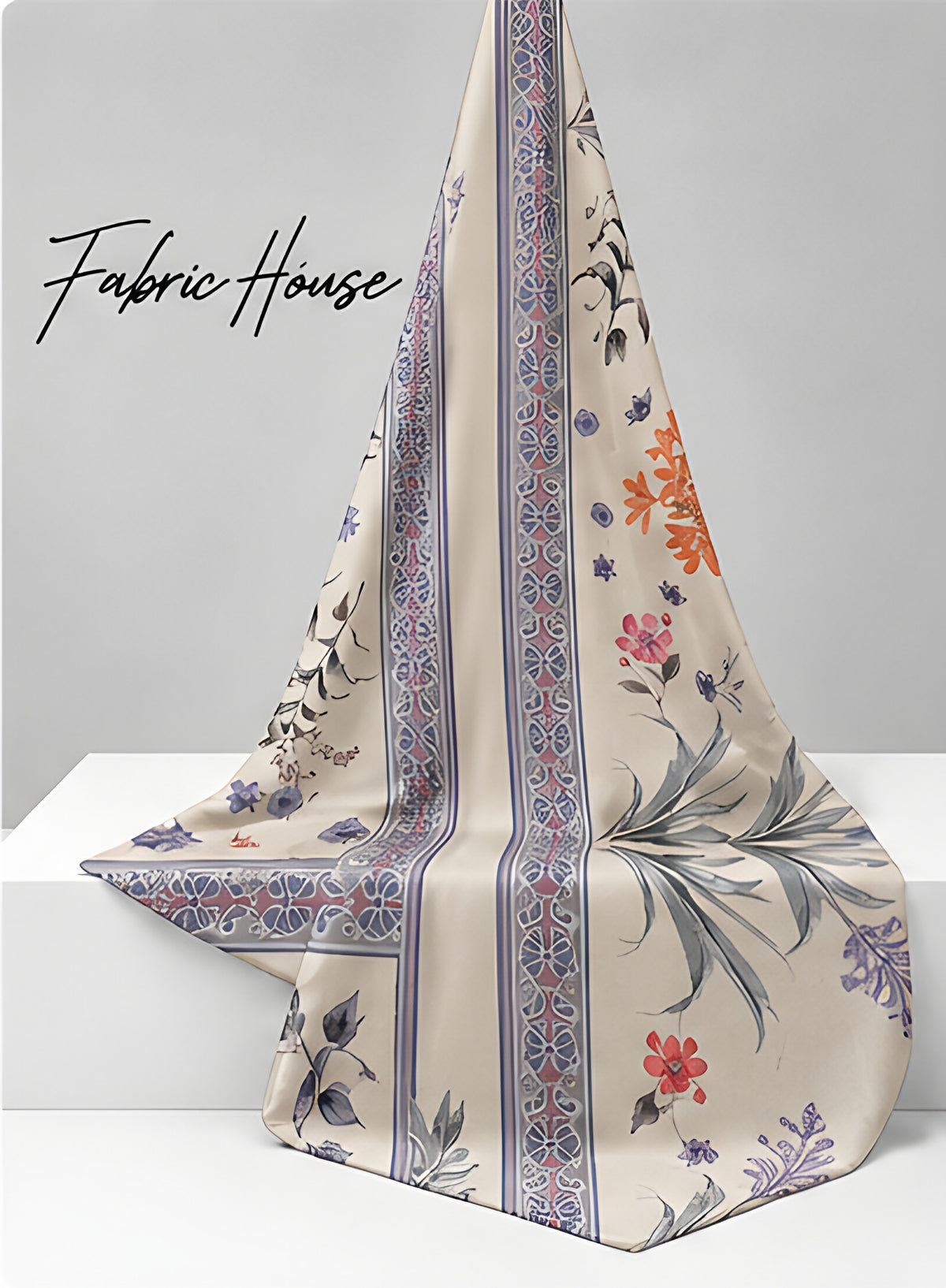 Cream Lavender Botanical Border chiffon draped to show fall