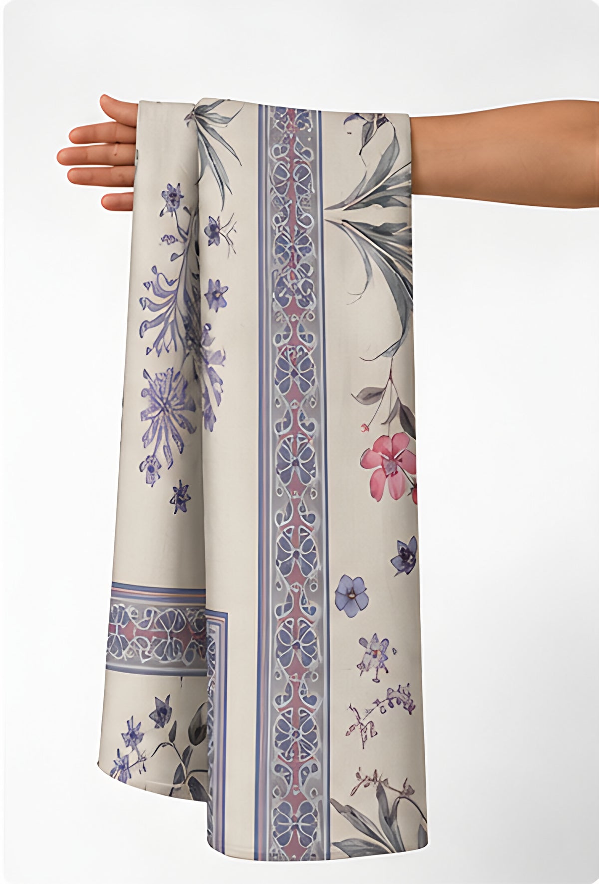Cream Lavender Botanical Border chiffon held in hand for scale