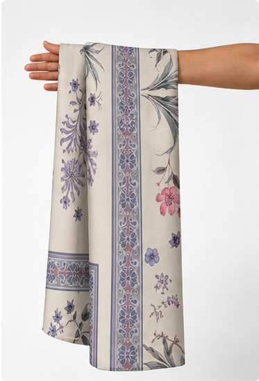 Cream Lavender Botanical Border chiffon held in hand for scale