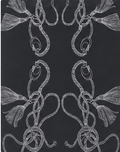 Black Silver Ornamental Scrolls chiffon, print close up