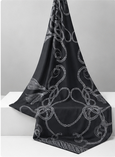 Black Silver Ornamental Scrolls chiffon draped to show fall