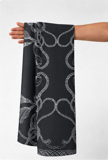 Black Silver Ornamental Scrolls chiffon held in hand for scale