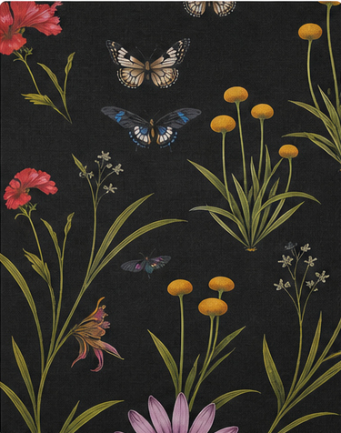 Black Colorful Meadow Flowers chiffon, print close up