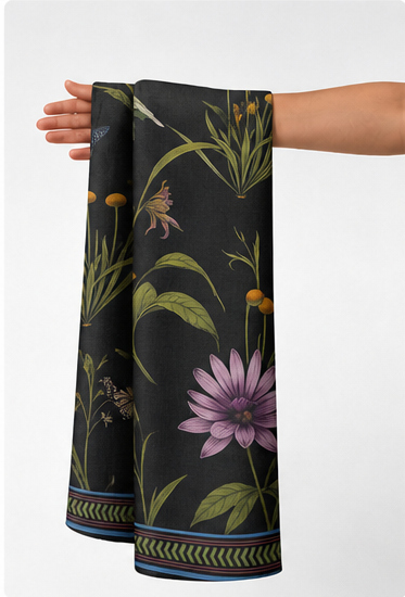 Black Colorful Meadow Flowers chiffon held in hand for scale