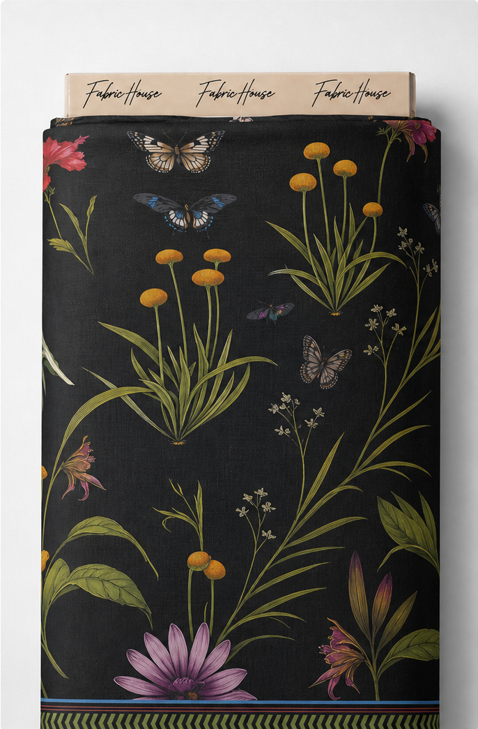 Black Colorful Meadow Flowers chiffon full roll