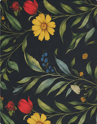 Black Tropical Yellow Florals chiffon, print close up