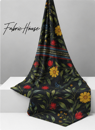 Black Tropical Yellow Florals chiffon draped to show fall