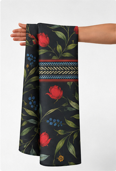 Black Tropical Yellow Florals chiffon held in hand for scale