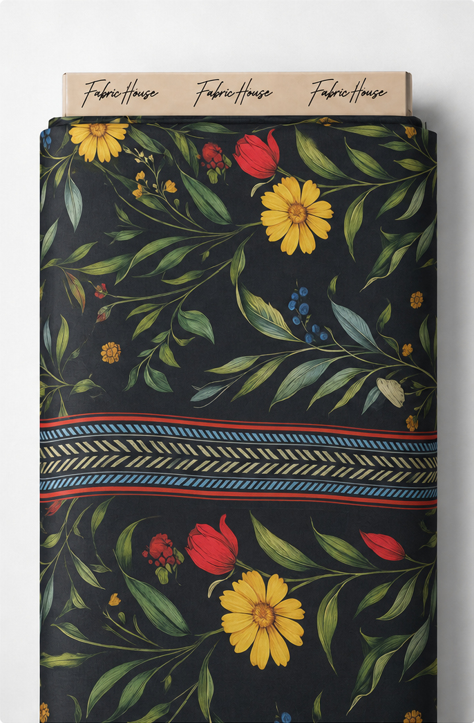 Black Tropical Yellow Florals chiffon full roll