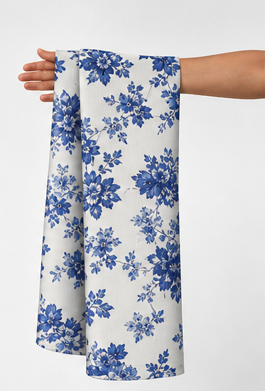 Ivory Blue Vintage Floral chiffon held in hand for scale