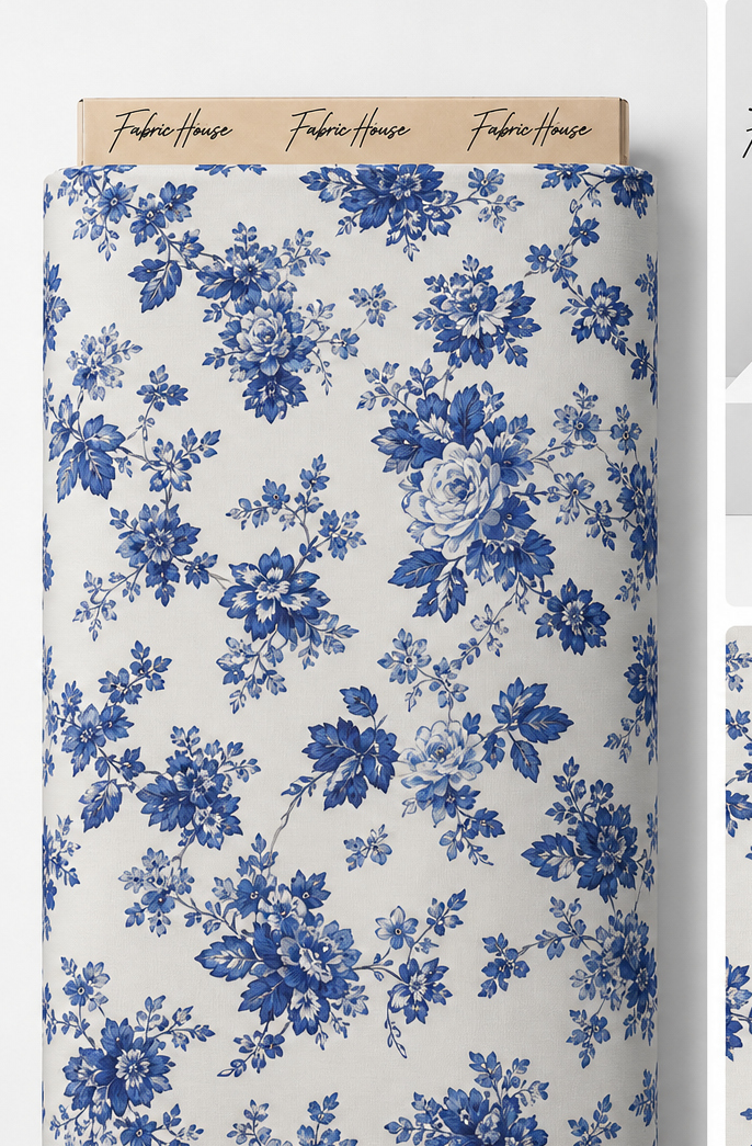 Ivory Blue Vintage Floral chiffon full roll
