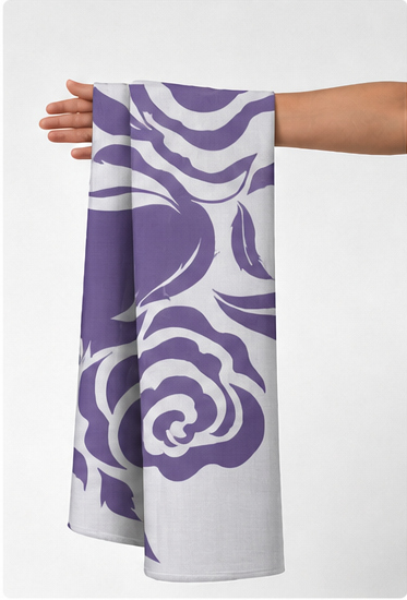Purple Graphic Rose Print chiffon held in hand for scale