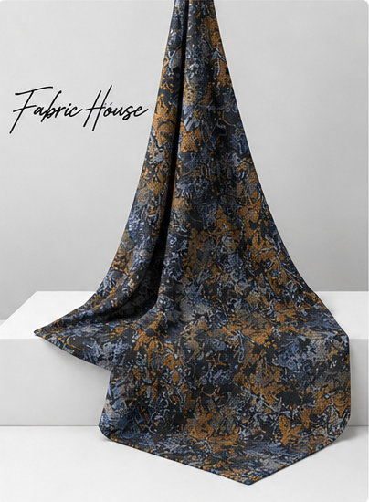 Blue Ochre Abstract Botanical chiffon draped to show fall