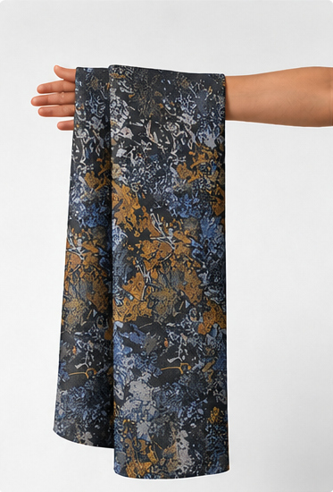 Blue Ochre Abstract Botanical chiffon held in hand for scale