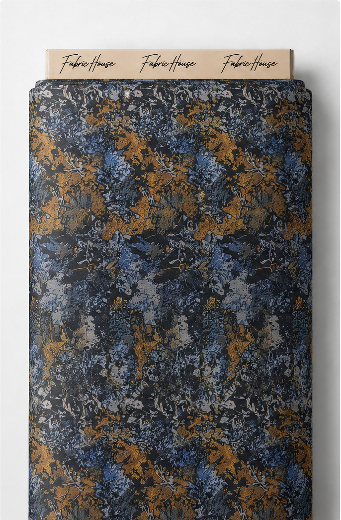 Blue Ochre Abstract Botanical chiffon full roll
