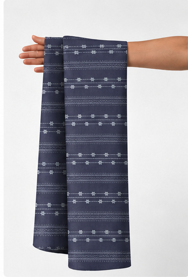 Navy Delicate Dotted Stripes chiffon held in hand for scale