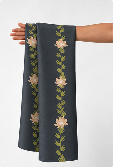 Dark Grey Vertical Floral Vines chiffon held in hand for scale