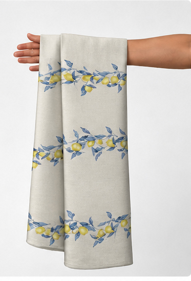 Ivory Blue Yellow Floral Sprigs chiffon held in hand for scale