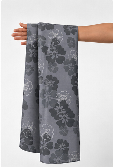 Slate Grey Tonal Floral chiffon held in hand for scale