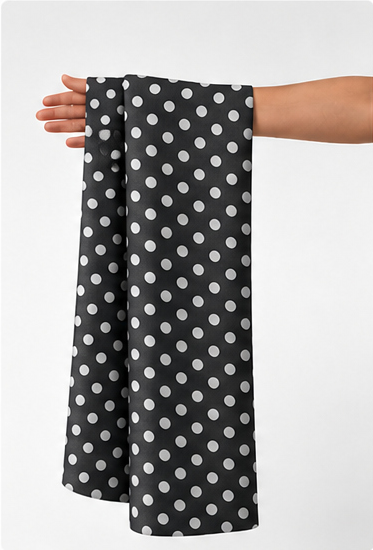 Black White Mini Polka Dots chiffon held in hand for scale