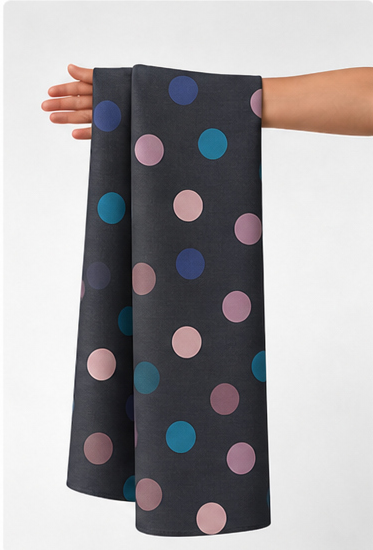 Charcoal Multicolor Polka Dots chiffon held in hand for scale