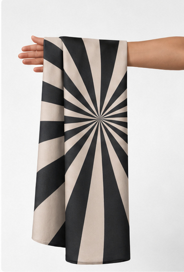 Cream Black Radiating Stripes chiffon held in hand for scale
