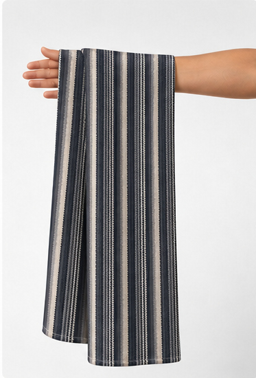 Navy Ivory Fine Vertical Stripes chiffon held in hand for scale