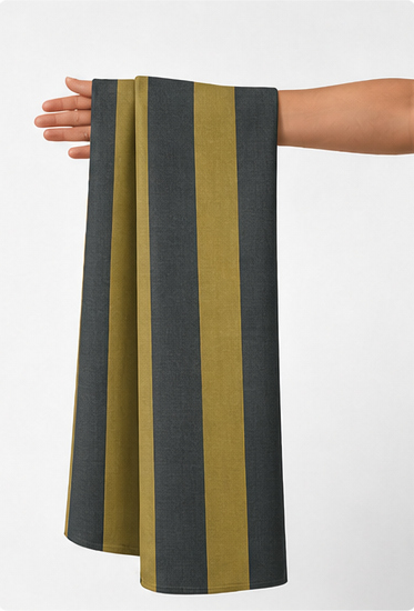 Olive Mustard Broad Stripes chiffon held in hand for scale