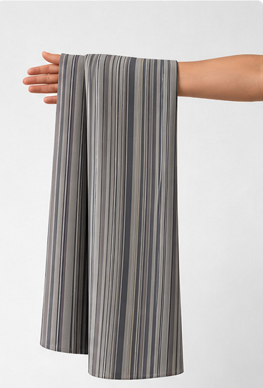 Grey White Fine Pinstripes chiffon held in hand for scale