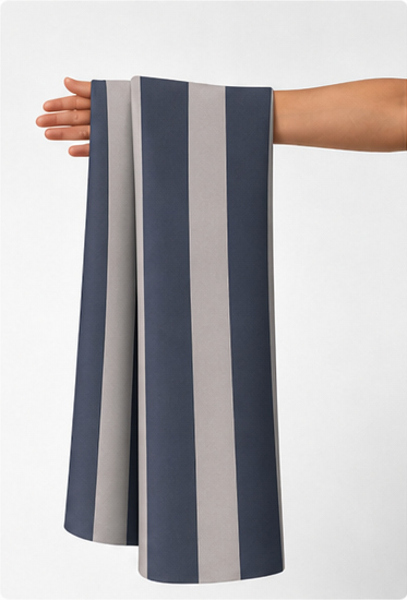 Navy Ivory Wide Vertical Stripes chiffon held in hand for scale