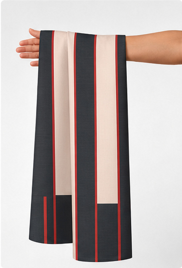 Black Coral Mixed Vertical Stripes chiffon held in hand for scale