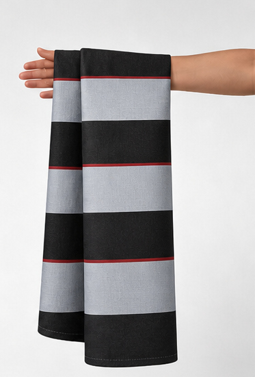 Ivory Black Horizontal Stripes chiffon held in hand for scale