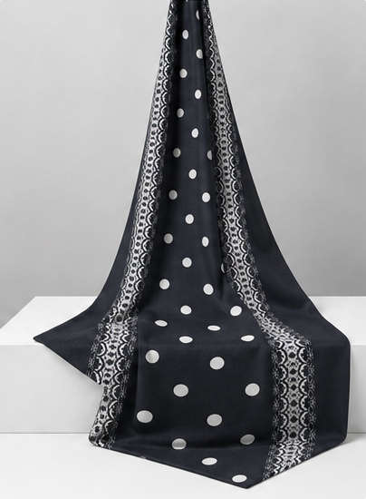 Black Polka Dot Border crepe draped to show fall