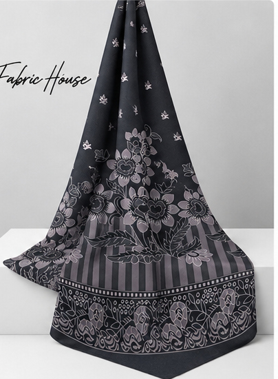 Monochrome Floral Border crepe draped to show fall