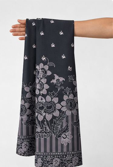 Monochrome Floral Border crepe held in hand for scale