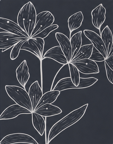White Outline Floral on Navy crepe, print close up
