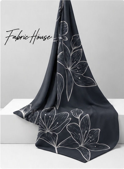 White Outline Floral on Navy crepe draped to show fall