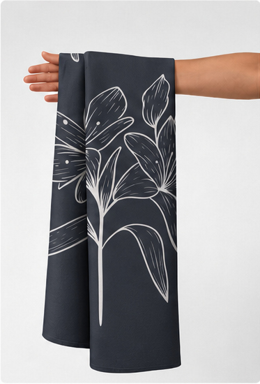White Outline Floral on Navy crepe held in hand for scale