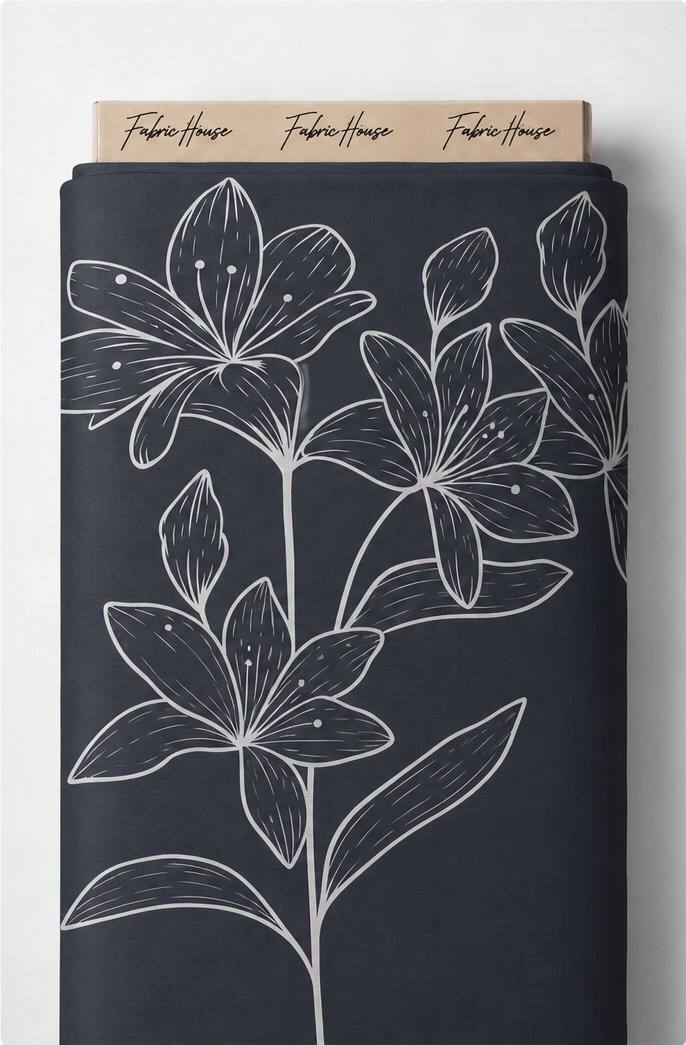 White Outline Floral on Navy crepe full roll