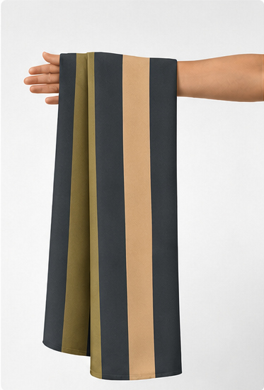 Mustard and Grey Vertical Stripes crepe held in hand for scale